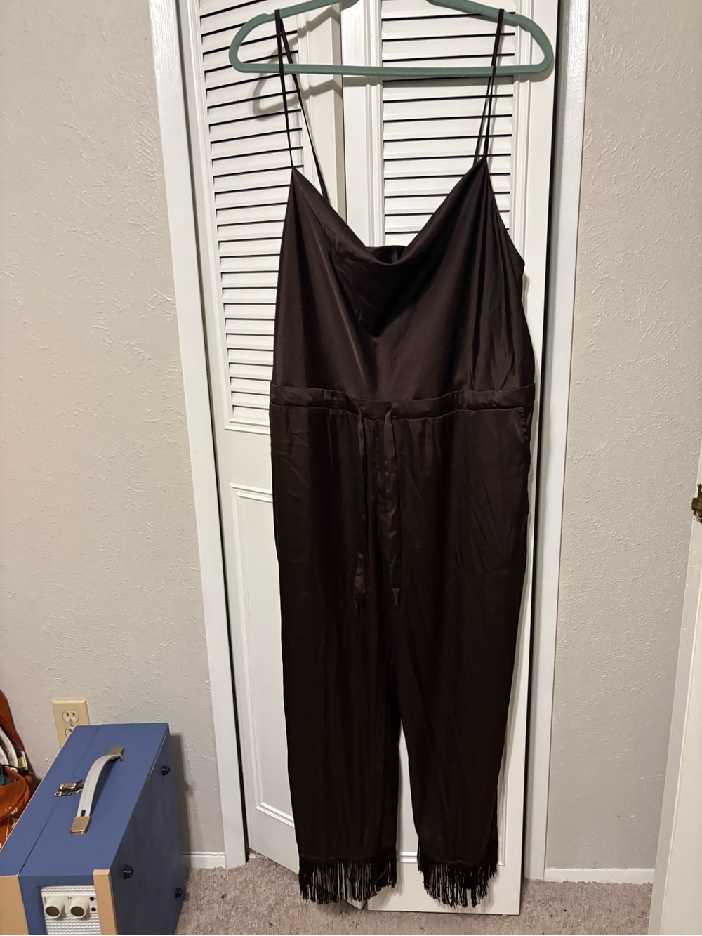 Kittenish Dark Chocolate Satin Cowl-Neck Jumpsuit with Fringe Hem
